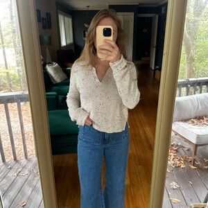 William Rast Waffle Knit Cropped Sweater Collared V-neck